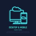 Cloud computing neon thin line icon: smartphone sync with desktop. Modern vector illustration
