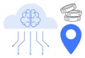 Cloud Computing Network with AI Brain, Coins, and Geolocation Pin Representation Royalty Free Stock Photo