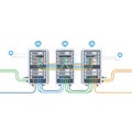 Cloud Computing Network Architecture with Three Server Racks Connected by Color Coded Cables and Cloud Icons Royalty Free Stock Photo