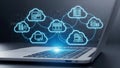 Cloud Computing Network Concept. Digital Data Storage Infrastructure with Laptop on Dark Background. Royalty Free Stock Photo