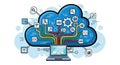Cloud computing network concept with laptop and data flow diagram explained Royalty Free Stock Photo