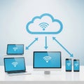 Cloud computing network connecting devices with wireless internet access for seamless data flow Royalty Free Stock Photo