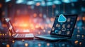 Cloud computing and network connectivity visualized on laptops. Modern technology and data storage solutions Royalty Free Stock Photo
