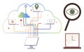 Cloud Computing Network with Data Flow, Magnifying Glass for Analysis, and Digital Clock Concept Royalty Free Stock Photo
