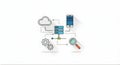 Cloud Computing Network Diagram with Server, Mobile, Gears, and Magnifying Glass Icon Royalty Free Stock Photo