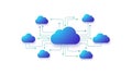 A cloud computing network with interconnected blue clouds and arrows on a white background Royalty Free Stock Photo