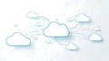 A cloud computing network with interconnected white clouds on a light blue background Royalty Free Stock Photo