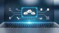 Cloud Computing Network Digital Data Laptop Screen. IT Technology Infrastructure, Blue Glow, Business Concept. Royalty Free Stock Photo