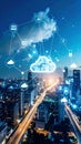 Cloud computing network over cityscape with digital connections and technology icons Royalty Free Stock Photo