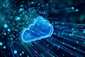 Cloud computing network: Seamless digital connectivity with a luminous cloud icon amidst a web of radiant lines and Royalty Free Stock Photo