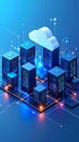 Cloud Computing Network with Server Racks Data Flow and Connection Lines Digital Technology and Data Processing Royalty Free Stock Photo