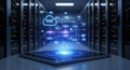 Cloud Computing Network on Tablet in Data Center, Server Room with Glowing Lights, Technology Concept Royalty Free Stock Photo