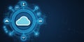 Cloud computing network with various icons on dark background. 3D Rendering Royalty Free Stock Photo