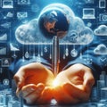 Cloud computing technology concept. 3d rendering toned image double exposure