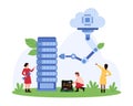 Cloud computing on online server, tiny people work with infrastructure and access to data Royalty Free Stock Photo