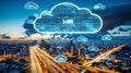 Cloud computing over city skyline Royalty Free Stock Photo