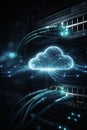Cloud computing represented by a glowing cloud over network cables plugged into server hardware symbolizing data storage and Royalty Free Stock Photo