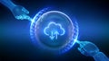 Cloud computing, secure cloud storage, database storage, data center protection. A robot and a human hand touching a protection