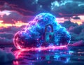 Cloud Computing Security Concept with Digital Lock and Futuristic Neon Technology Background Royalty Free Stock Photo