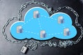 Cloud computing security database network concept with chain and padlock on dark background