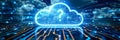 Cloud Computing Security Question Mark in Circuit Board with Digital Data Flow, Technology Concept.