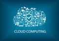 Cloud computing security. Security in the cloud concept with icons on blurred background