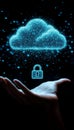 Cloud Computing Security. Storage, And Privacy Concept Hand Holding A Glowing Cloud With A Padlock Royalty Free Stock Photo