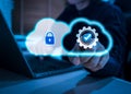 Cloud computing security technology concept with user accessing secure cloud system. Royalty Free Stock Photo