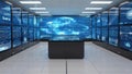Cloud computing server cluster visualization room with digital network graphics and data displays Royalty Free Stock Photo
