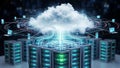 Cloud computing servers connected to a central cloud with data streams data center Royalty Free Stock Photo