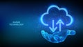 Cloud computing service. Cloud icon in wireframe hand. Secure Cloud Storage. Database storage, Data center. Upload download app. Royalty Free Stock Photo