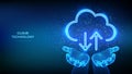 Cloud computing service. Cloud icon in wireframe hands. Secure Cloud Storage. Database storage, Data center. Upload download app. Royalty Free Stock Photo