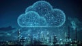 Cloud computing service network above industrial complex at night. Detailed view of a cloud icon with connecting lines, Royalty Free Stock Photo