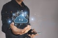 cloud computing shown in hand cloud technology data storage, data transfer, network and internet service conceptology Royalty Free Stock Photo