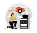 Cloud computing, storage concept. Engineer servicing cloud database system, hosting platform administrating, data center Royalty Free Stock Photo