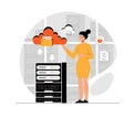 Cloud computing, storage concept. File transfer, data backup, document storage, cloud technology, upload and download.