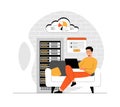 Cloud computing, storage concept. Internet service for backup digital data. Download, upload information, files on server.