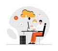 Cloud computing, storage, data center, file management concept. Man uploads data to cloud service, sync or makes backup.