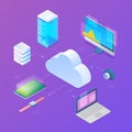 Cloud computing storage server sync technology Isometric Flat vector illustration. Connect to Cloud server with Mobile phone Royalty Free Stock Photo