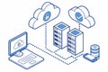 Cloud computing system connects multiple servers and devices for data management and security with visuals of cloud storage and Royalty Free Stock Photo