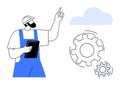 Engineer or Technician with Tablet Pointing at Cloud and Gear Icons, Cloud Technology and System Optimization Royalty Free Stock Photo
