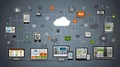 A cloud computing system is shown with multiple devices connected to each other Royalty Free Stock Photo