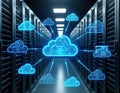 Cloud computing tech visualized in data center. Virtualization, scalability of data storage systems shown. Secure backup services Royalty Free Stock Photo