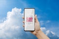 Cloud computing technology background concept. Mockup mobile phone with Cloud Services in word tag on smartphone screen with blue Royalty Free Stock Photo