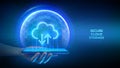Cloud computing technology concept. Secure cloud storage. Secure data exchange via smartphone. Cloud icon inside transparent