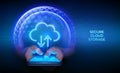 Cloud computing technology concept. Secure cloud storage. Secure data exchange via smartphone. Cloud icon inside transparent