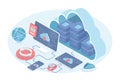 Cloud computing technology. Data servers with communication, devices secure connecting.