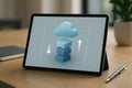 Cloud computing technology depicted on digital tablet screen showing data transfer process Royalty Free Stock Photo
