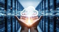 Cloud Computing Technology with Hands Holding Digital Cloud Icon in Data Center Royalty Free Stock Photo