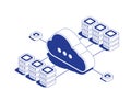 Cloud computing technology with multiple server racks in data center symbolizing network infrastructure in isometric